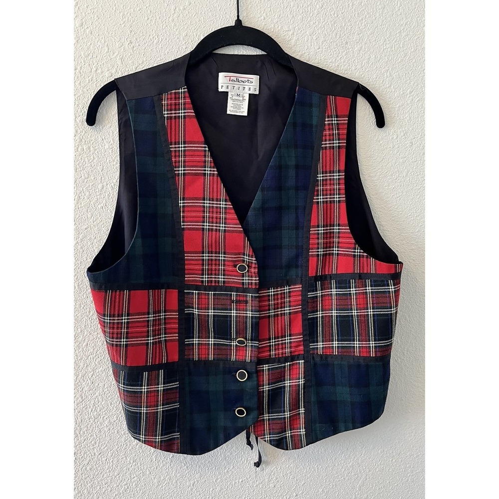 Vintage 90's Talbots Petites Vest Women's Medium Patchwork Plaid Missing Button